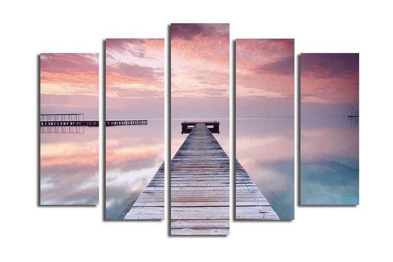 Stor Canvastavla i 5 delar 105x70 cm - Stillhet vid en brygga i solnedgångens mjuka ljus - Lila / Rosa / Blå - Inredning & dekor - Tavlor & konst - Canvastavla