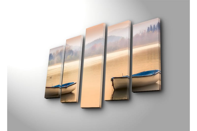 Stor Canvastavla i 5 delar 105x70 cm - Stillhet vid sjön med två båtar i gryningen - Ljusblå / Beige / Grå - Inredning & dekor - Tavlor & konst - Canvastavla