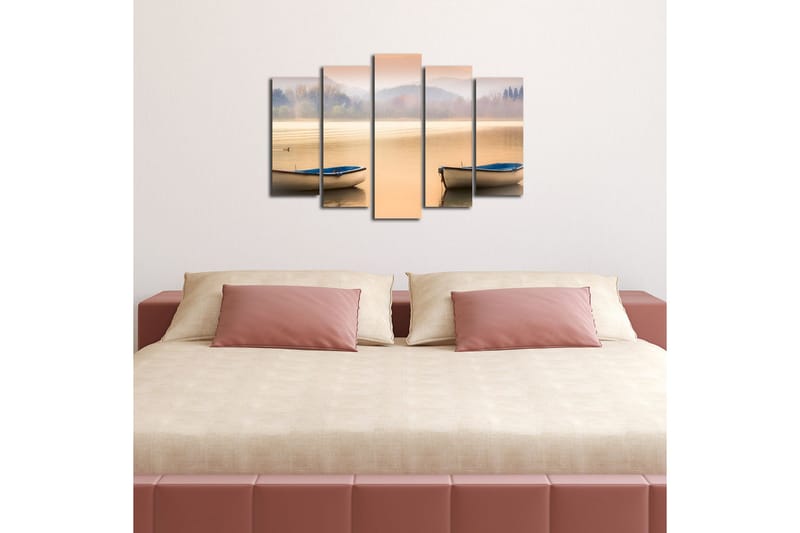 Stor Canvastavla i 5 delar 105x70 cm - Stillhet vid sjön med två båtar i gryningen - Ljusblå / Beige / Grå - Inredning & dekor - Tavlor & konst - Canvastavla