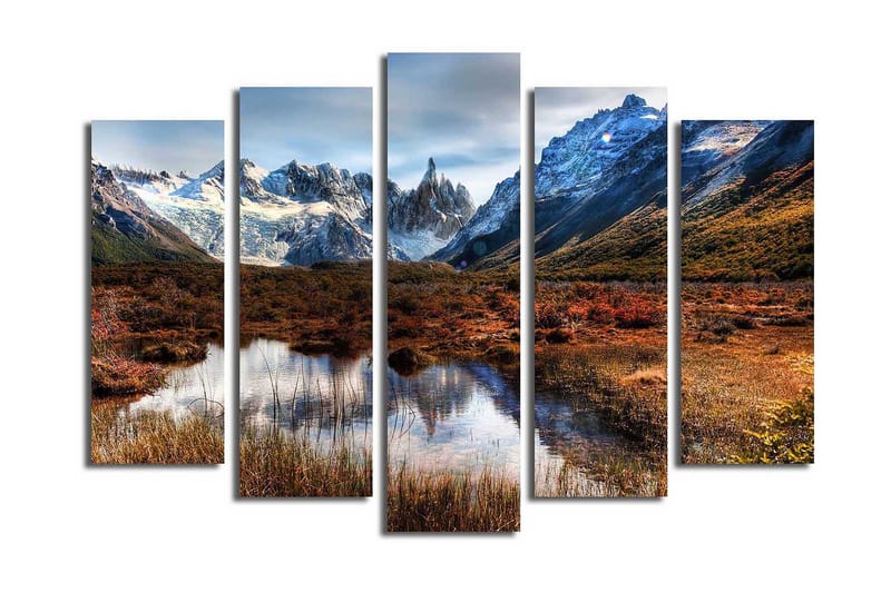 Stor Canvastavla i 5 delar 105x70 cm - Storslagen fjällandskap med snötäckta toppar och spegelblanka sjöar - Mörkgrön / Blå / Orange - Inredning & dekor - Tavlor & konst - Canvastavla