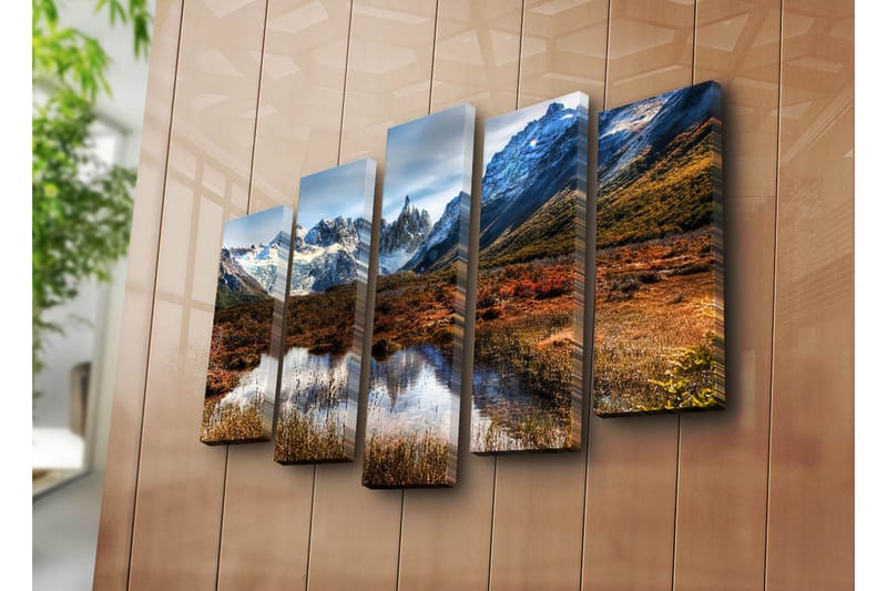 Stor Canvastavla i 5 delar 105x70 cm - Storslagen fjällandskap med snötäckta toppar och spegelblanka sjöar - Mörkgrön / Blå / Orange - Inredning & dekor - Tavlor & konst - Canvastavla