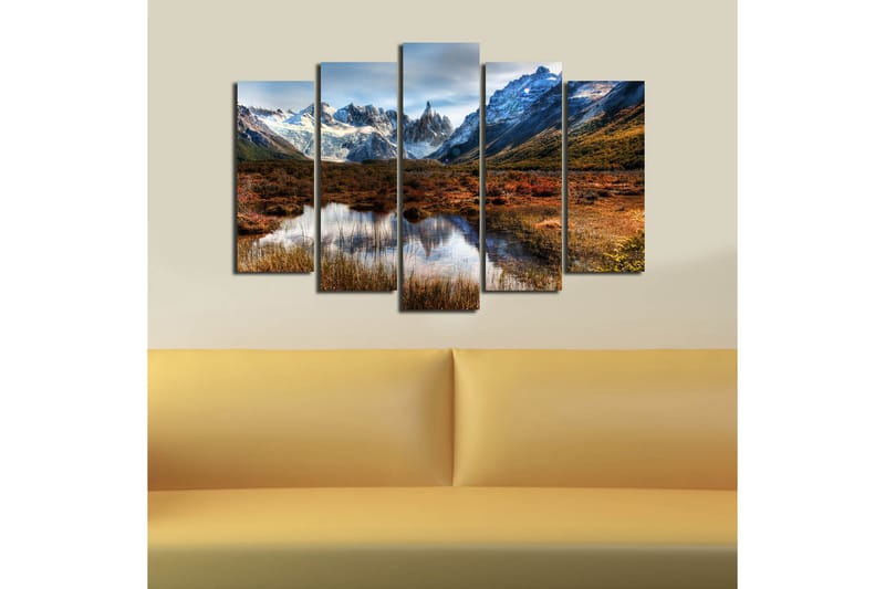 Stor Canvastavla i 5 delar 105x70 cm - Storslagen fjällandskap med snötäckta toppar och spegelblanka sjöar - Mörkgrön / Blå / Orange - Inredning & dekor - Tavlor & konst - Canvastavla