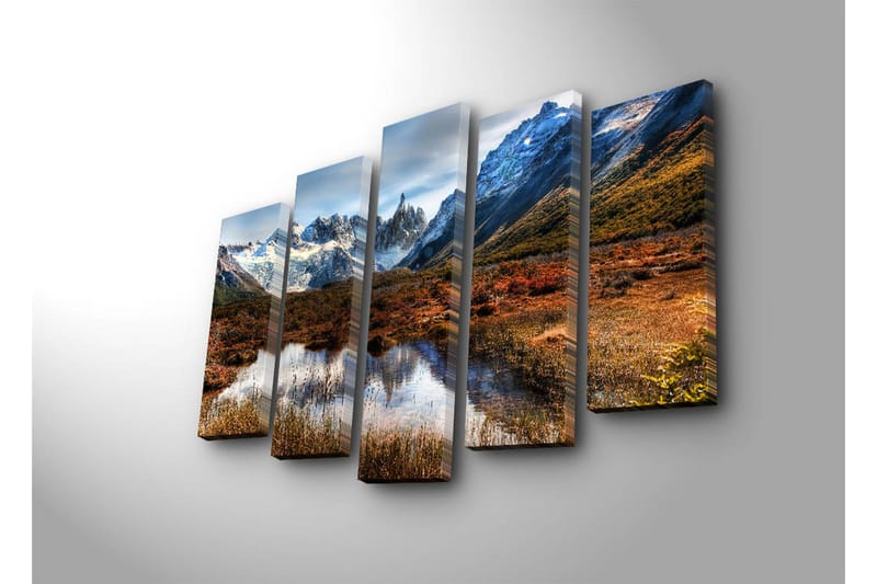 Stor Canvastavla i 5 delar 105x70 cm - Storslagen fjällandskap med snötäckta toppar och spegelblanka sjöar - Mörkgrön / Blå / Orange - Inredning & dekor - Tavlor & konst - Canvastavla