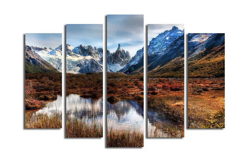 Stor Canvastavla i 5 delar 105x70 cm - Storslagen fjällandskap med snötäckta toppar och spegelblanka sjöar - Mörkgrön / Blå / Orange - Inredning & dekor - Tavlor & konst - Canvastavla