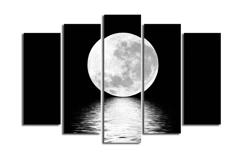 Stor Canvastavla i 5 delar 105x70 cm - Storslagen fullmåne som speglas i vattenytan - Vit / Svart - Inredning & dekor - Tavlor & konst - Canvastavla