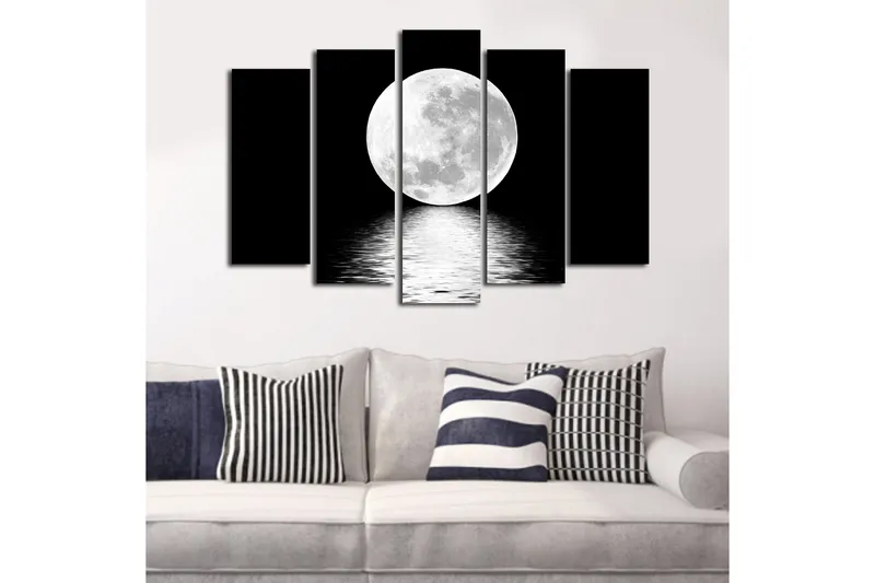 Stor Canvastavla i 5 delar 105x70 cm - Storslagen fullmåne som speglas i vattenytan - Vit / Svart - Inredning & dekor - Tavlor & konst - Canvastavla