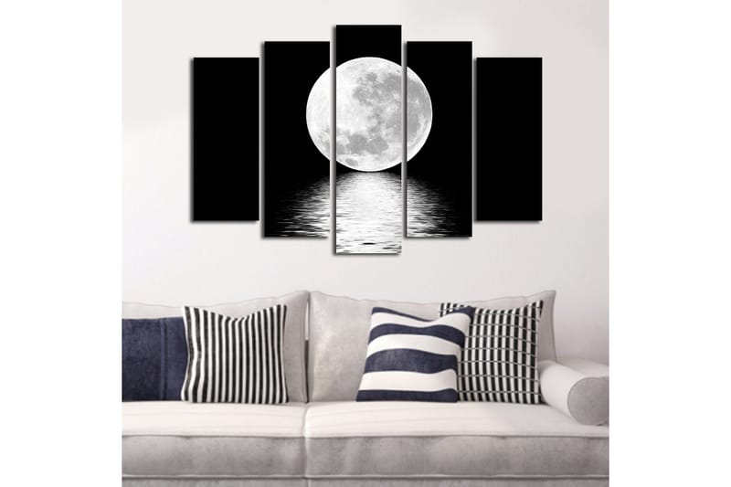 Stor Canvastavla i 5 delar 105x70 cm - Storslagen fullmåne som speglas i vattenytan - Vit / Svart - Inredning & dekor - Tavlor & konst - Canvastavla