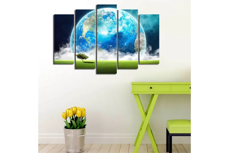 Stor Canvastavla i 5 delar 105x70 cm - Storslagen jordglob med en ensam trädkontur i förgrunden - Blå / Grön / Vit - Inredning & dekor - Tavlor & konst - Canvastavla