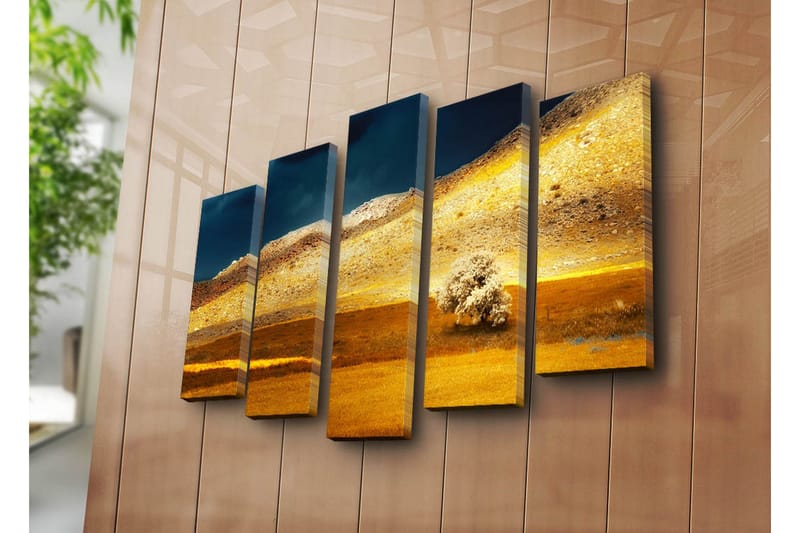 Stor Canvastavla i 5 delar 105x70 cm - Storslagen landskap med gyllene fält och en ensam trädkontur - Guld / Brunt / Mörkblått - Inredning & dekor - Tavlor & konst - Canvastavla