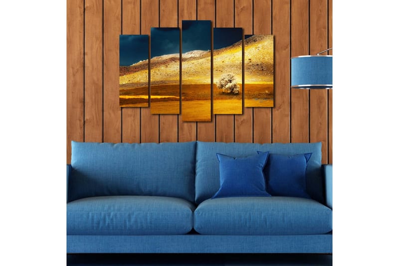 Stor Canvastavla i 5 delar 105x70 cm - Storslagen landskap med gyllene fält och en ensam trädkontur - Guld / Brunt / Mörkblått - Inredning & dekor - Tavlor & konst - Canvastavla