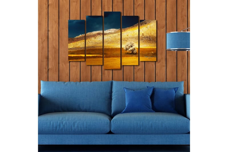 Stor Canvastavla i 5 delar 105x70 cm - Storslagen landskap med gyllene fält och en ensam trädkontur - Guld / Brunt / Mörkblått - Inredning & dekor - Tavlor & konst - Canvastavla