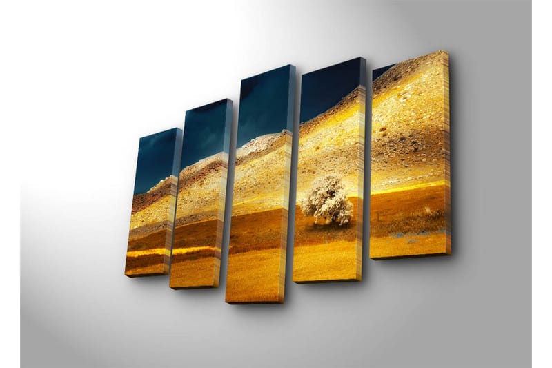 Stor Canvastavla i 5 delar 105x70 cm - Storslagen landskap med gyllene fält och en ensam trädkontur - Guld / Brunt / Mörkblått - Inredning & dekor - Tavlor & konst - Canvastavla