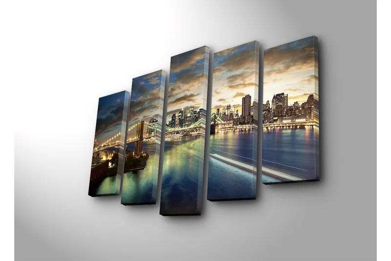Stor Canvastavla i 5 delar 105x70 cm - Storslagen stadsbild med bron och skyskrapor vid skymningstid - Blå / Guld / Grå - Inredning & dekor - Tavlor & konst - Canvastavla