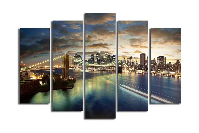 Stor Canvastavla i 5 delar 105x70 cm - Storslagen stadsbild med bron och skyskrapor vid skymningstid - Blå / Guld / Grå - Inredning & dekor - Tavlor & konst - Canvastavla
