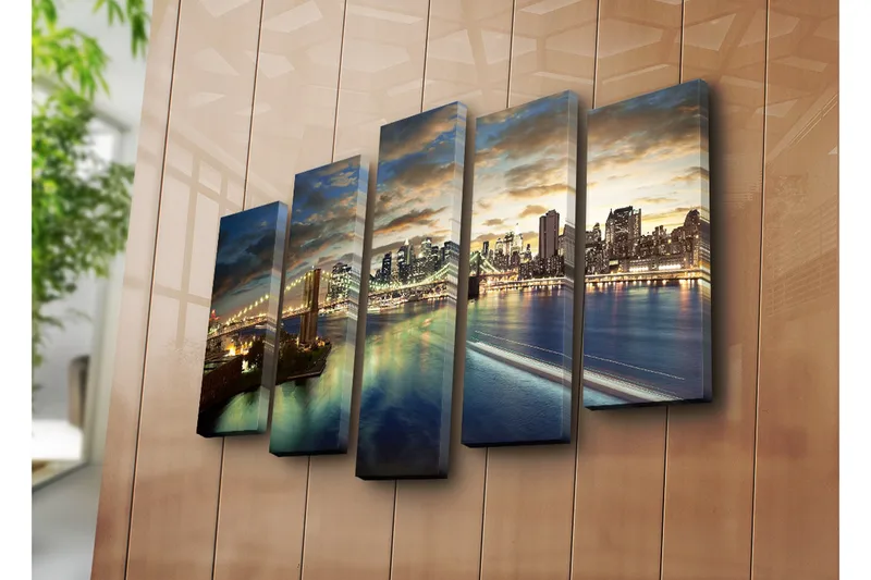 Stor Canvastavla i 5 delar 105x70 cm - Storslagen stadsbild med bron och skyskrapor vid skymningstid - Blå / Guld / Grå - Inredning & dekor - Tavlor & konst - Canvastavla