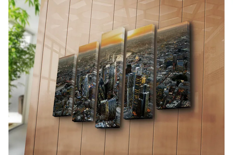 Stor Canvastavla i 5 delar 105x70 cm - Storslagen stadsbild med moderna skyskrapor i solnedgången - Mörkblå / Orange / Grå - Inredning & dekor - Tavlor & konst - Canvastavla