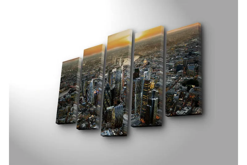 Stor Canvastavla i 5 delar 105x70 cm - Storslagen stadsbild med moderna skyskrapor i solnedgången - Mörkblå / Orange / Grå - Inredning & dekor - Tavlor & konst - Canvastavla