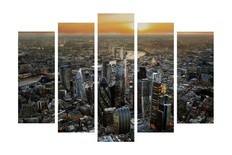 Stor Canvastavla i 5 delar 105x70 cm - Storslagen stadsbild med moderna skyskrapor i solnedgången - Mörkblå / Orange / Grå - Inredning & dekor - Tavlor & konst - Canvastavla