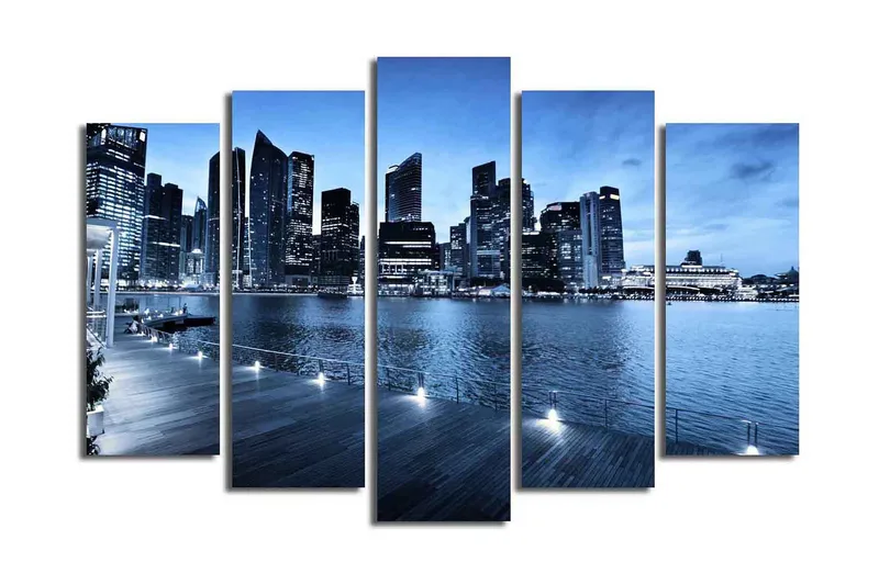 Stor Canvastavla i 5 delar 105x70 cm - Storslagen stadsbild vid vattnet med moderna skyskrapor - Blå / Mörkblå / Grå - Inredning & dekor - Tavlor & konst - Canvastavla