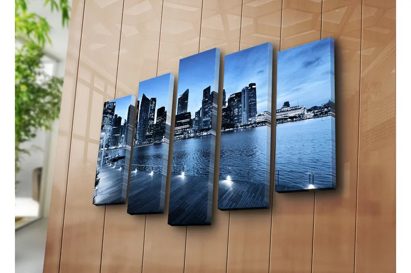 Stor Canvastavla i 5 delar 105x70 cm - Storslagen stadsbild vid vattnet med moderna skyskrapor - Blå / Mörkblå / Grå - Inredning & dekor - Tavlor & konst - Canvastavla