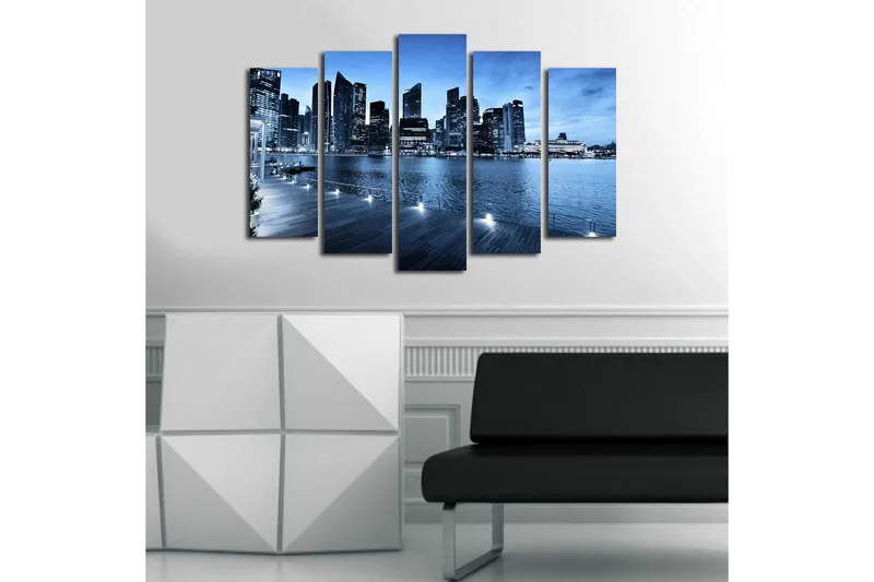 Stor Canvastavla i 5 delar 105x70 cm - Storslagen stadsbild vid vattnet med moderna skyskrapor - Blå / Mörkblå / Grå - Inredning & dekor - Tavlor & konst - Canvastavla