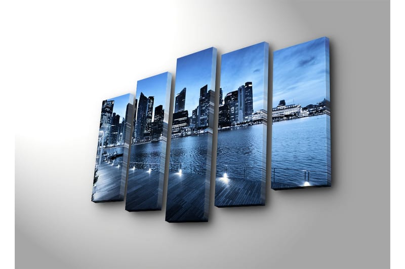 Stor Canvastavla i 5 delar 105x70 cm - Storslagen stadsbild vid vattnet med moderna skyskrapor - Blå / Mörkblå / Grå - Inredning & dekor - Tavlor & konst - Canvastavla