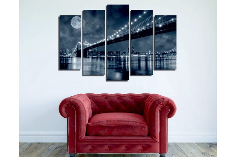 Stor Canvastavla i 5 delar 105x70 cm - Svartvit stadsbild med en bro och måne i natten - Svart / Grå / Vit - Inredning & dekor - Tavlor & konst - Canvastavla