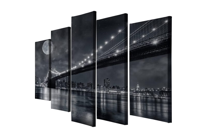 Stor Canvastavla i 5 delar 105x70 cm - Svartvit stadsbild med en bro och måne i natten, Svart / Grå / Vit