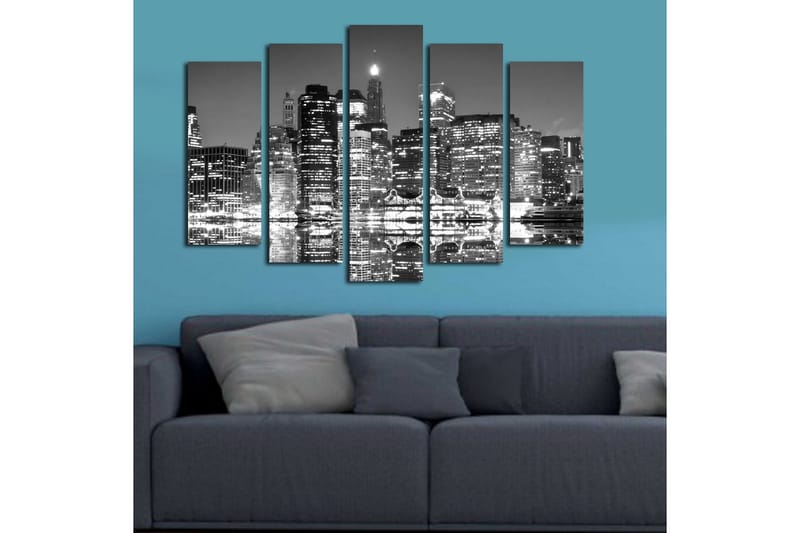 Stor Canvastavla i 5 delar 105x70 cm - Svartvit stadsbild med reflektioner i vattnet - Svart / Vitt / Grått - Inredning & dekor - Tavlor & konst - Canvastavla