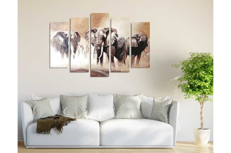 Stor Canvastavla i 5 delar 105x70 cm - Tre majestätiska elefanter i en dimmig savannmiljö - Grå / Beige / Brun - Inredning & dekor - Tavlor & konst - Canvastavla