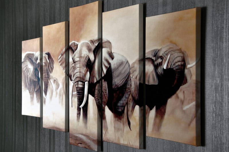 Stor Canvastavla i 5 delar 105x70 cm - Tre majestätiska elefanter i en dimmig savannmiljö - Grå / Beige / Brun - Inredning & dekor - Tavlor & konst - Canvastavla
