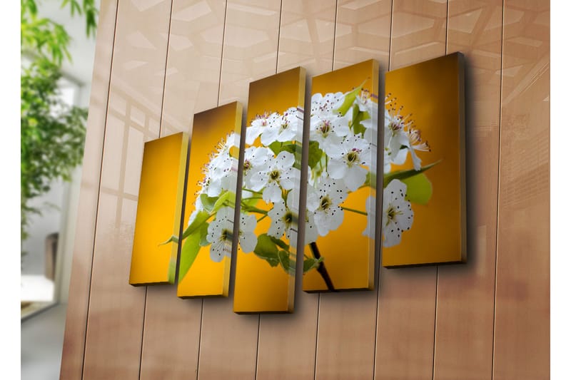 Stor Canvastavla i 5 delar 105x70 cm - Vacker bukett av vita blommor mot en varm gul bakgrund - Vit / Gul - Inredning & dekor - Tavlor & konst - Canvastavla