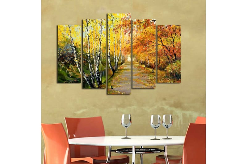 Stor Canvastavla i 5 delar 105x70 cm - Vacker höstlandskap med färgglada träd längs en promenadväg - Gult / Orange / Grönt - Inredning & dekor - Tavlor & konst - Canvastavla