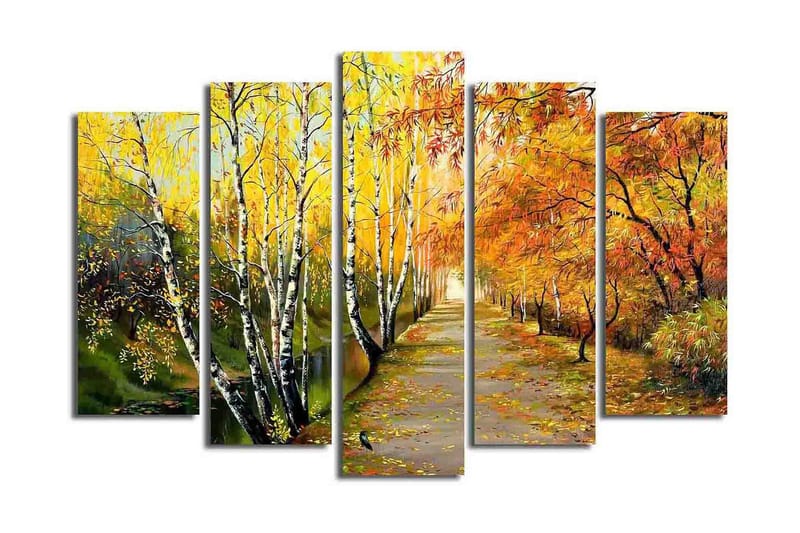 Stor Canvastavla i 5 delar 105x70 cm - Vacker höstlandskap med färgglada träd längs en promenadväg - Gult / Orange / Grönt - Inredning & dekor - Tavlor & konst - Canvastavla