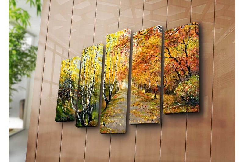 Stor Canvastavla i 5 delar 105x70 cm - Vacker höstlandskap med färgglada träd längs en promenadväg - Gult / Orange / Grönt - Inredning & dekor - Tavlor & konst - Canvastavla