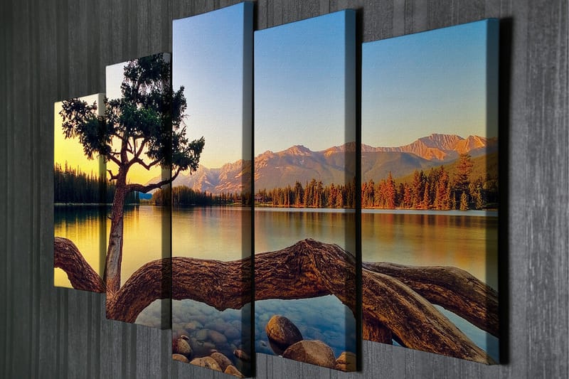 Stor Canvastavla i 5 delar 105x70 cm - Vacker sjölandskap med en ensam trädkrona vid vattnet - Grön / Blå / Brun - Inredning & dekor - Tavlor & konst - Canvastavla