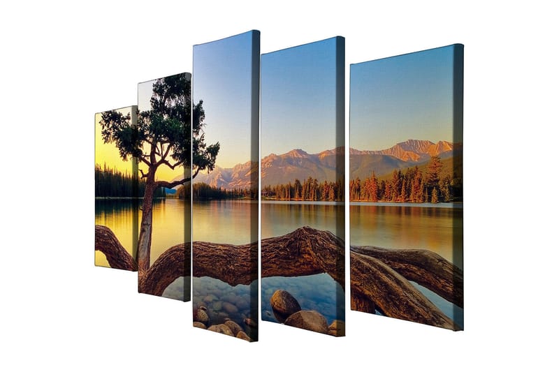 Stor Canvastavla i 5 delar 105x70 cm - Vacker sjölandskap med en ensam trädkrona vid vattnet - Grön / Blå / Brun - Inredning & dekor - Tavlor & konst - Canvastavla