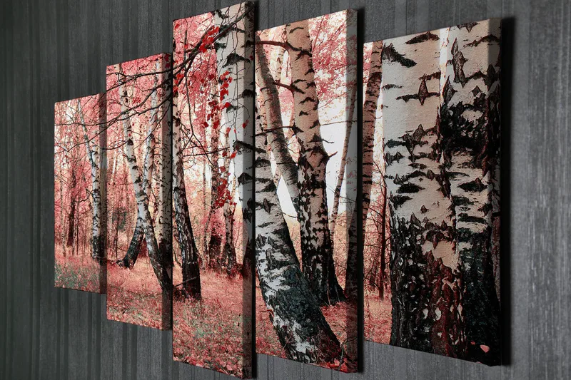 Stor Canvastavla i 5 delar 105x70 cm - Vacker skog med björkar i höstfärger - Rosa / Svart / Vit - Inredning & dekor - Tavlor & konst - Canvastavla