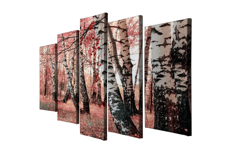 Stor Canvastavla i 5 delar 105x70 cm - Vacker skog med björkar i höstfärger - Rosa / Svart / Vit - Inredning & dekor - Tavlor & konst - Canvastavla