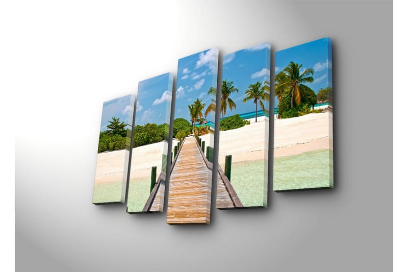 Stor Canvastavla i 5 delar 105x70 cm - Vacker strandpromenad med palmer och turkost vatten - Grön / Blå / Beige - Inredning & dekor - Tavlor & konst - Canvastavla