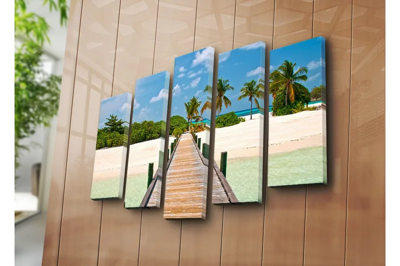Stor Canvastavla i 5 delar 105x70 cm - Vacker strandpromenad med palmer och turkost vatten - Grön / Blå / Beige - Inredning & dekor - Tavlor & konst - Canvastavla