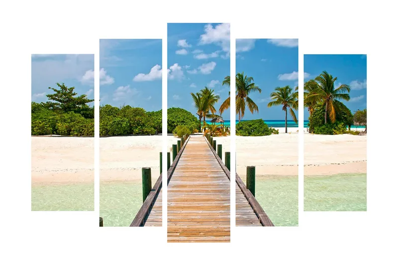 Stor Canvastavla i 5 delar 105x70 cm - Vacker strandpromenad med palmer och turkost vatten - Grön / Blå / Beige - Inredning & dekor - Tavlor & konst - Canvastavla