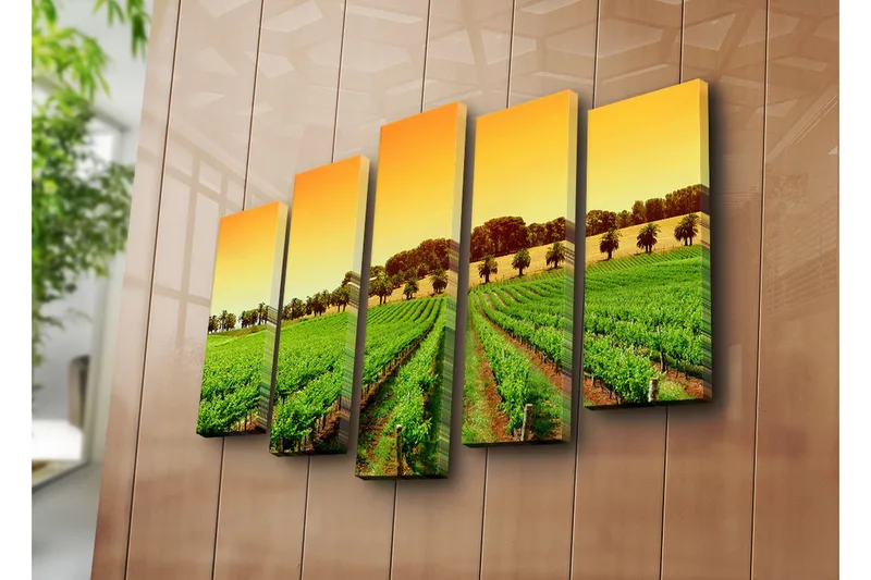 Stor Canvastavla i 5 delar 105x70 cm - Vacker vinodling under en solig himmel - Grön / Orange / Gul - Inredning & dekor - Tavlor & konst - Canvastavla