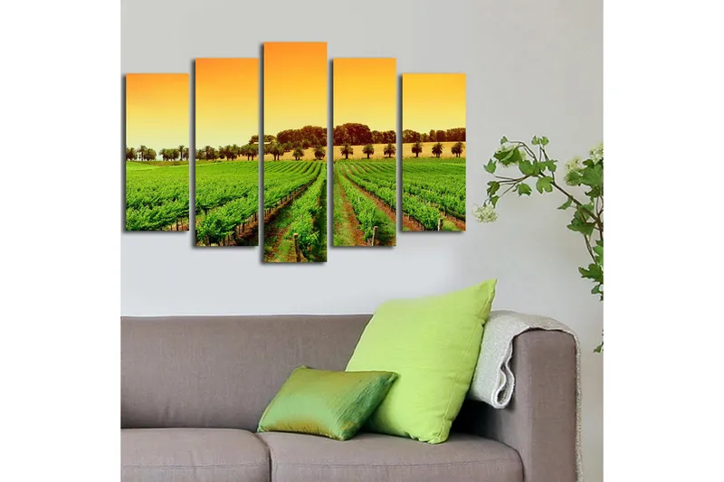 Stor Canvastavla i 5 delar 105x70 cm - Vacker vinodling under en solig himmel - Grön / Orange / Gul - Inredning & dekor - Tavlor & konst - Canvastavla