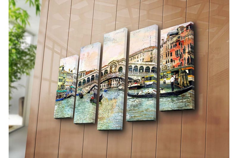 Stor Canvastavla i 5 delar 105x70 cm - Vacker vy av Rialtobron i Venedig med gondoler i kanalen - Blå / Grön / Beige - Inredning & dekor - Tavlor & konst - Canvastavla