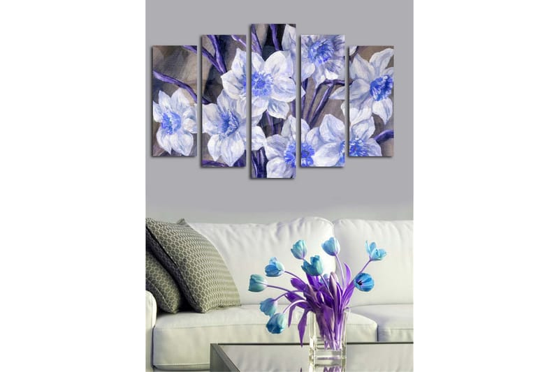 Stor Canvastavla i 5 delar 105x70 cm - Vackra blommor i blått och vitt - Blå / Vit / Lila - Inredning & dekor - Tavlor & konst - Canvastavla