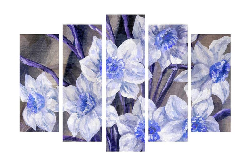 Stor Canvastavla i 5 delar 105x70 cm - Vackra blommor i blått och vitt - Blå / Vit / Lila - Inredning & dekor - Tavlor & konst - Canvastavla