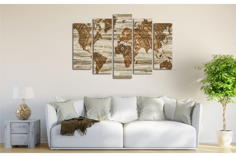 Stor Canvastavla i 5 delar 105x70 cm - Världskarta i vintage-stil med detaljerad mappning - Brun / Beige - Inredning & dekor - Tavlor & konst - Canvastavla