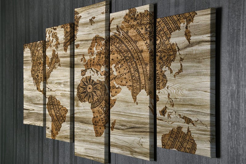 Stor Canvastavla i 5 delar 105x70 cm - Världskarta i vintage-stil med detaljerad mappning - Brun / Beige - Inredning & dekor - Tavlor & konst - Canvastavla