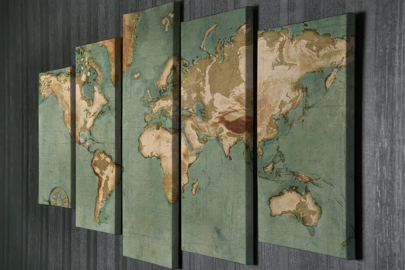 Stor Canvastavla i 5 delar 105x70 cm - Världskarta med vintage-inspirerad design - Grön / Beige / Brun - Inredning & dekor - Tavlor & konst - Canvastavla